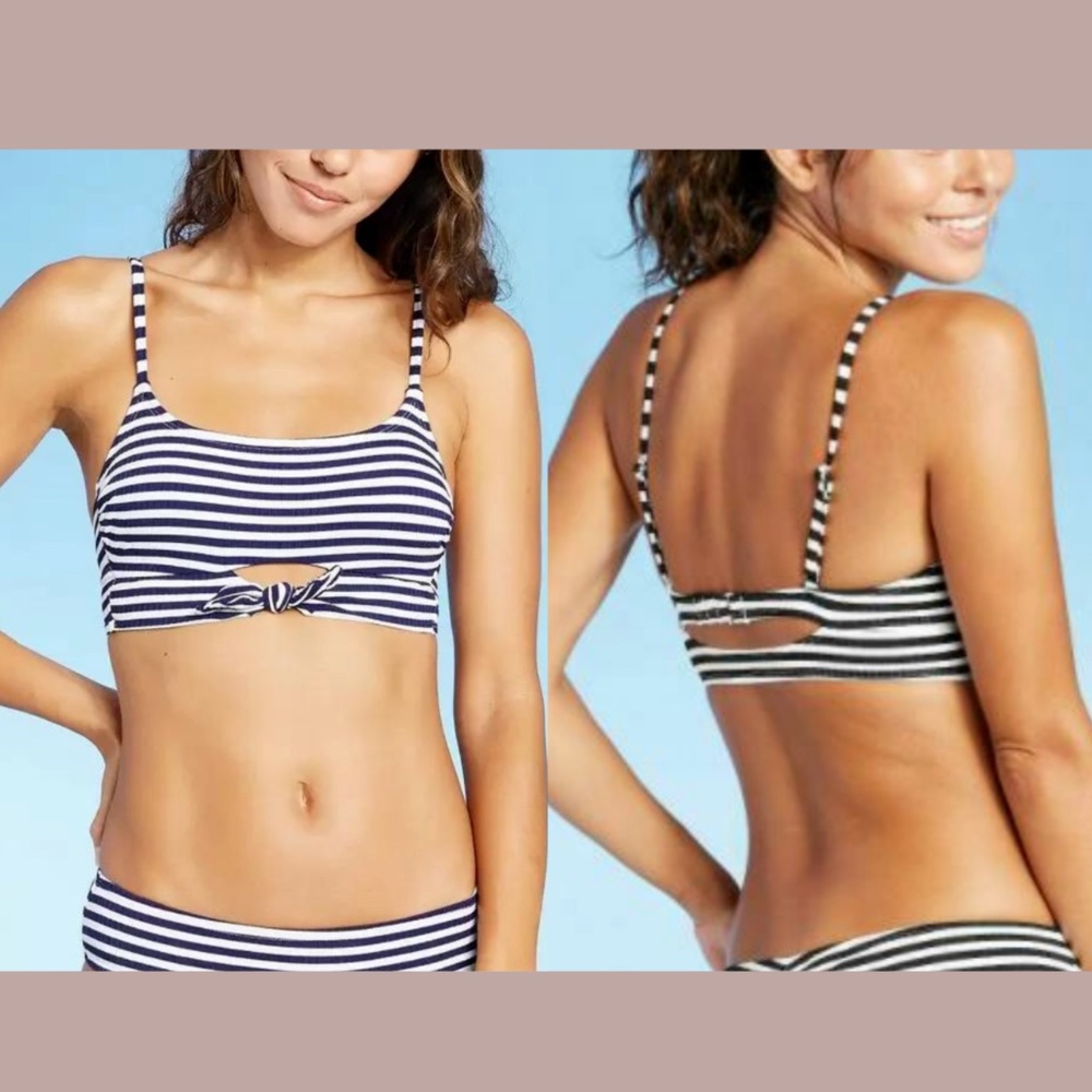 NWT Xhilaration [ XL ]‎ Striped Ribbed Tie-Front Bralette Bikini Top Navy